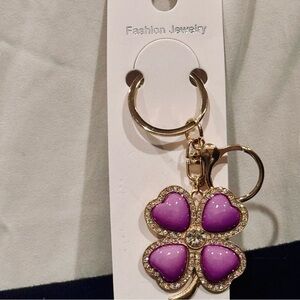 🍀 Lucky Four Leaf Clover Rhinestone Bag Charm / Keychain Purple